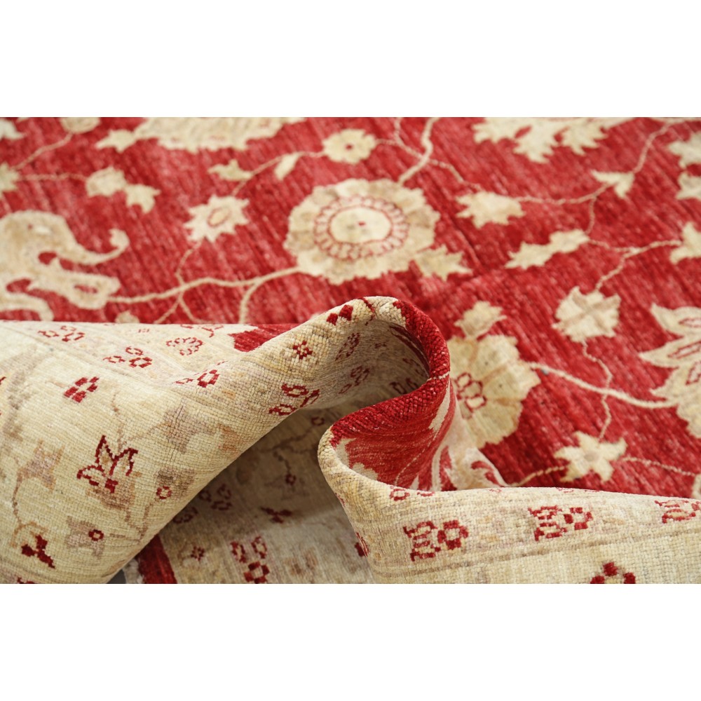 Hand Knotted Floral Turkish Area Rug with Red Field and Ivory Border | Wool Carpet for Home Decor