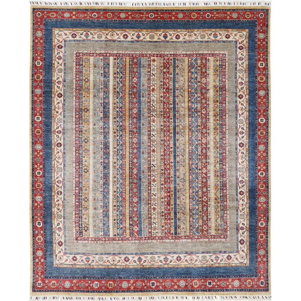 Hand Knotted Red, Navy Blue and Beige Wool Area Rug | Colorful Striped Rug for Living Room, Dining Room, Bedroom