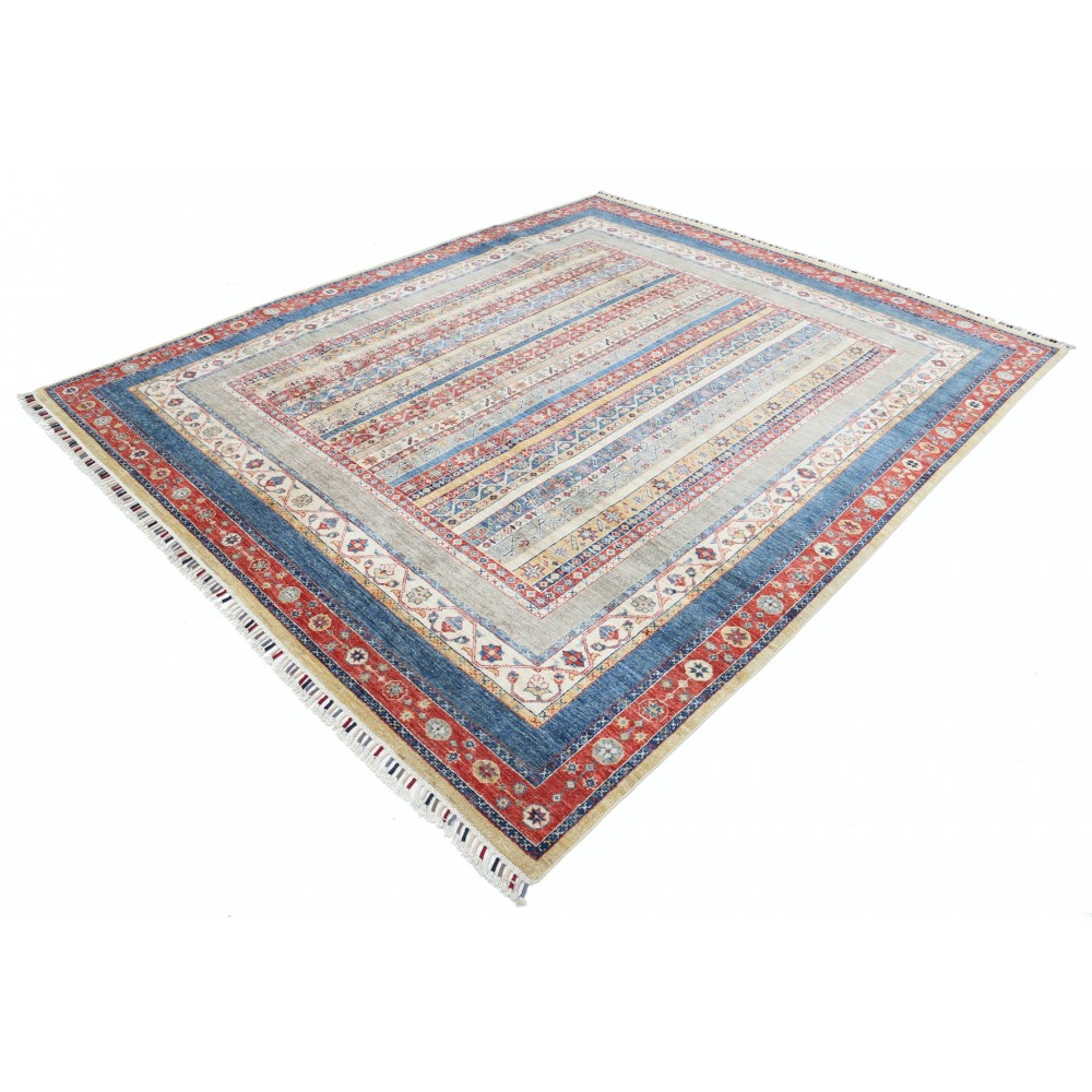 Hand Knotted Red, Navy Blue and Beige Wool Area Rug | Colorful Striped Rug for Living Room, Dining Room, Bedroom