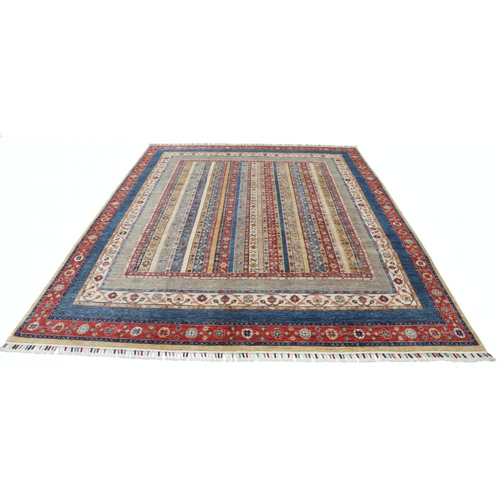 Hand Knotted Red, Navy Blue and Beige Wool Area Rug | Colorful Striped Rug for Living Room, Dining Room, Bedroom