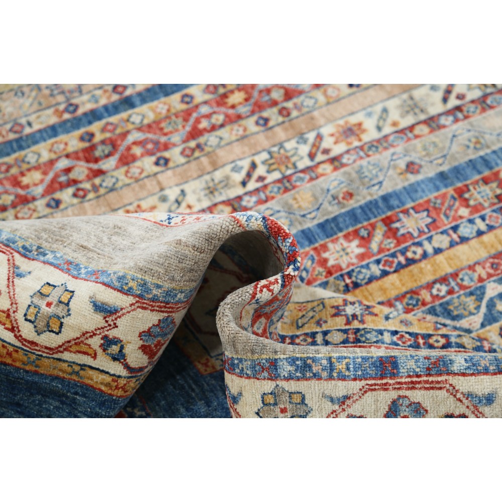Hand Knotted Red, Navy Blue and Beige Wool Area Rug | Colorful Striped Rug for Living Room, Dining Room, Bedroom