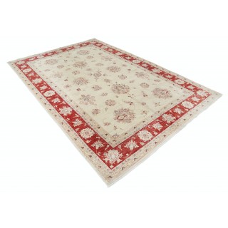 Hand Knotted Floral Area Rug with Beige Field and Red Border | Traditional Oushak Wool Carpet