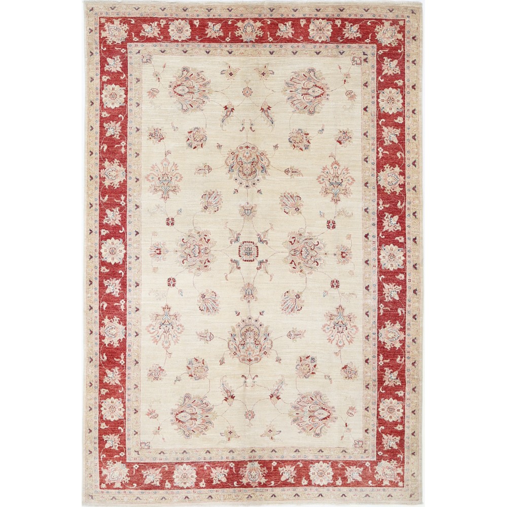 Hand Knotted Floral Area Rug with Beige Field and Red Border | Traditional Oushak Wool Carpet Hand Knotted Floral Area Rug with Beige Field and Red Border | Traditional Oushak Wool Carpet