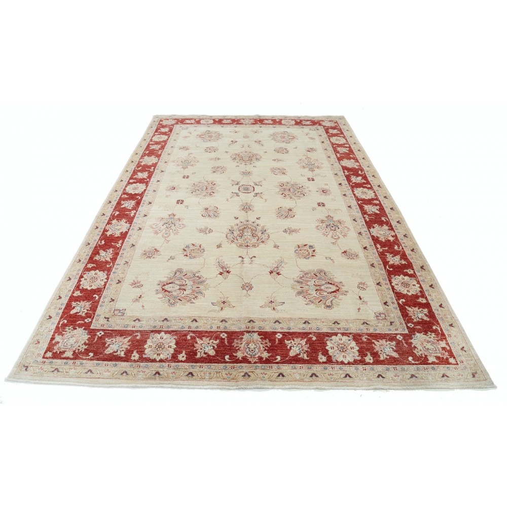 Hand Knotted Floral Area Rug with Beige Field and Red Border | Traditional Oushak Wool Carpet Hand Knotted Floral Area Rug with Beige Field and Red Border | Traditional Oushak Wool Carpet