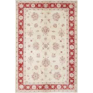 Hand Knotted Floral Area Rug with Beige Field and Red Border | Traditional Oushak Wool Carpet