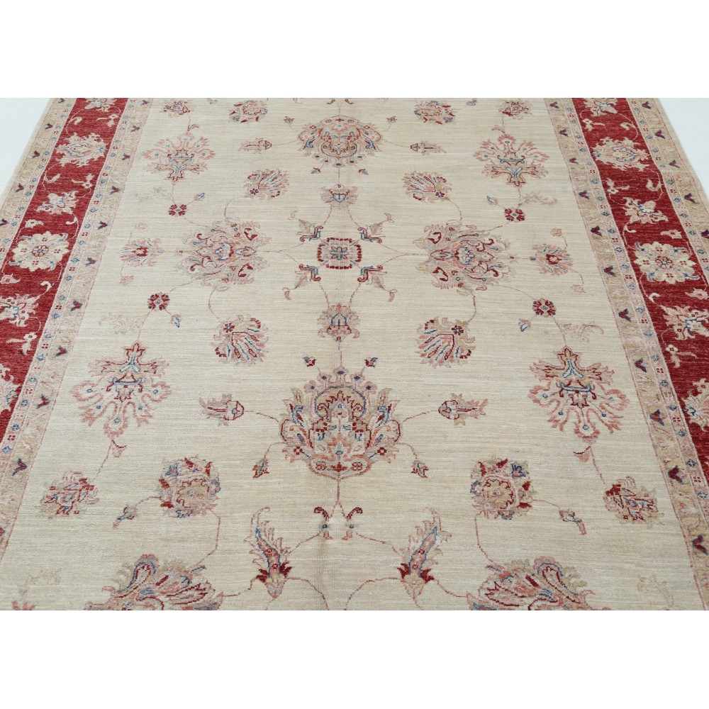 Hand Knotted Floral Area Rug with Beige Field and Red Border | Traditional Oushak Wool Carpet Hand Knotted Floral Area Rug with Beige Field and Red Border | Traditional Oushak Wool Carpet