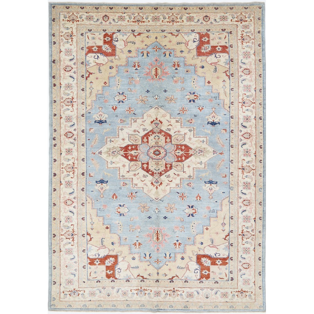 Hand Knotted Light Blue, Ivory Wool Large Area Rug | Turkish Geometric Carpet
