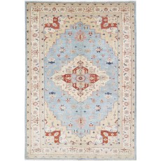 Hand Knotted Light Blue, Ivory Wool Large Area Rug | Turkish Geometric Carpet