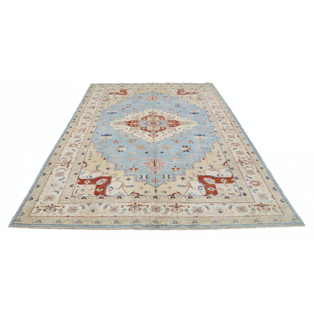 Hand Knotted Light Blue, Ivory Wool Large Area Rug | Turkish Geometric Carpet
