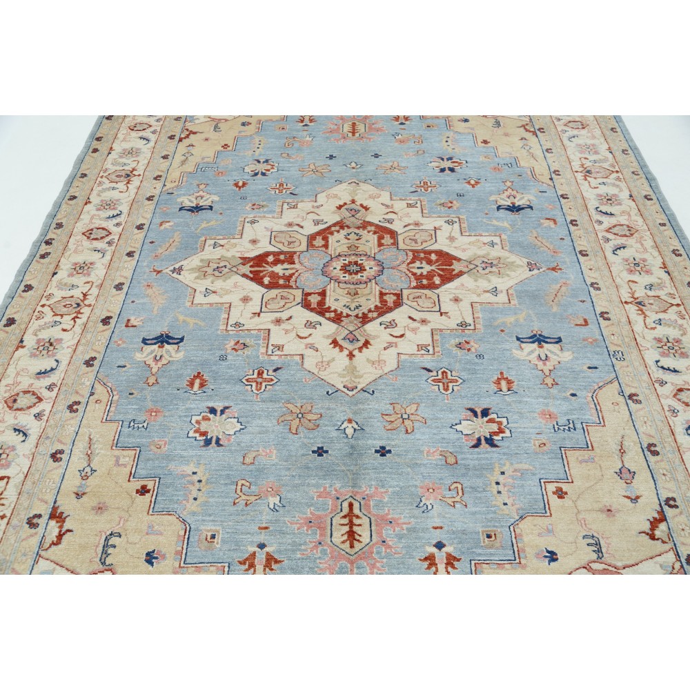 Hand Knotted Light Blue, Ivory Wool Large Area Rug | Turkish Geometric Carpet