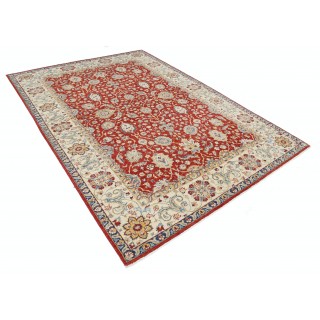 Hand Knotted Floral Oushak Large Area Rug with Red Field and Beige Border | 100% Wool