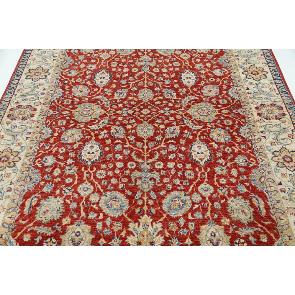Hand Knotted Floral Oushak Large Area Rug with Red Field and Beige Border | 100% Wool Hand Knotted Floral Oushak Large Area Rug with Red Field and Beige Border | 100% Wool