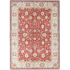 Hand Knotted Floral Oushak Large Area Rug with Red Field and Beige Border | 100% Wool