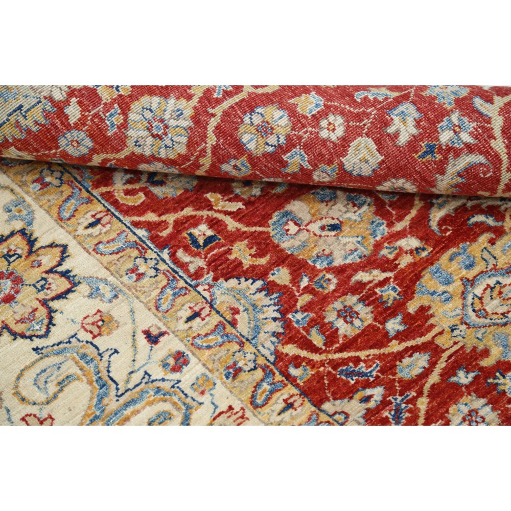 Hand Knotted Floral Oushak Large Area Rug with Red Field and Beige Border | 100% Wool Hand Knotted Floral Oushak Large Area Rug with Red Field and Beige Border | 100% Wool