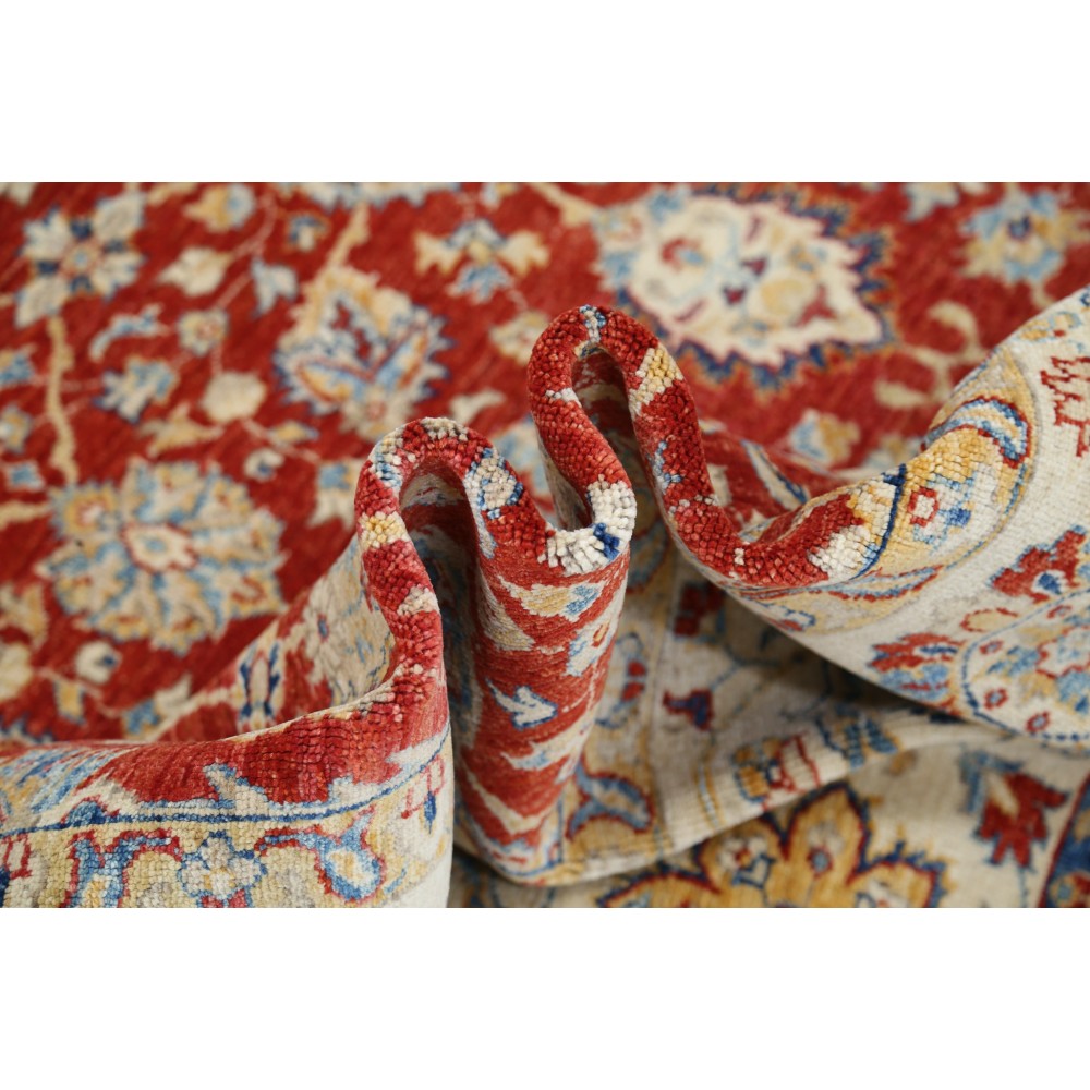 Hand Knotted Floral Oushak Large Area Rug with Red Field and Beige Border | 100% Wool Hand Knotted Floral Oushak Large Area Rug with Red Field and Beige Border | 100% Wool