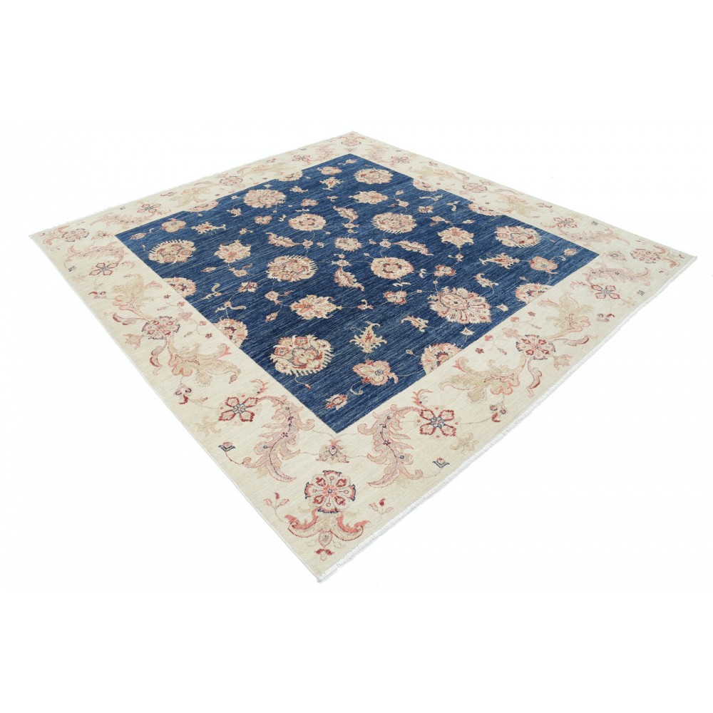 Hand Knotted Square Oushak Wool Area Rug | Navy Blue, Beige Carpet Hand Knotted Square Oushak Wool Area Rug | Navy Blue, Beige Carpet