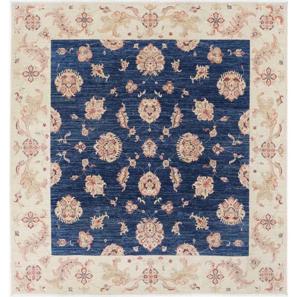 Hand Knotted Square Oushak Wool Area Rug | Navy Blue, Beige Carpet Hand Knotted Square Oushak Wool Area Rug | Navy Blue, Beige Carpet