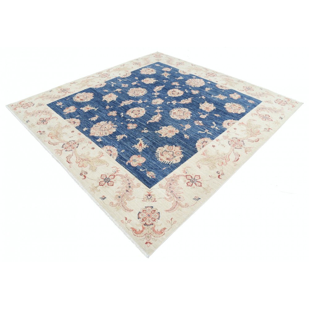 Hand Knotted Square Oushak Wool Area Rug | Navy Blue, Beige Carpet Hand Knotted Square Oushak Wool Area Rug | Navy Blue, Beige Carpet