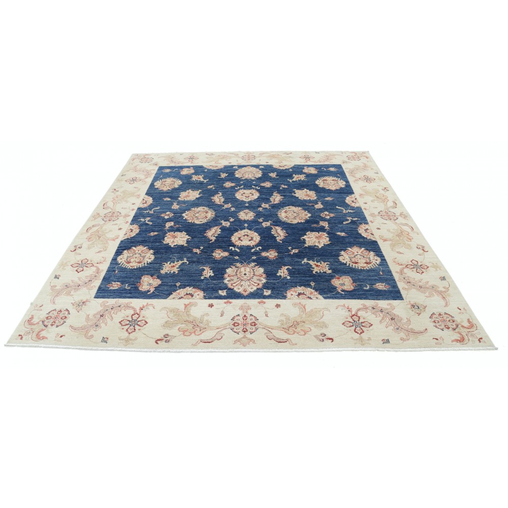 Hand Knotted Square Oushak Wool Area Rug | Navy Blue, Beige Carpet Hand Knotted Square Oushak Wool Area Rug | Navy Blue, Beige Carpet