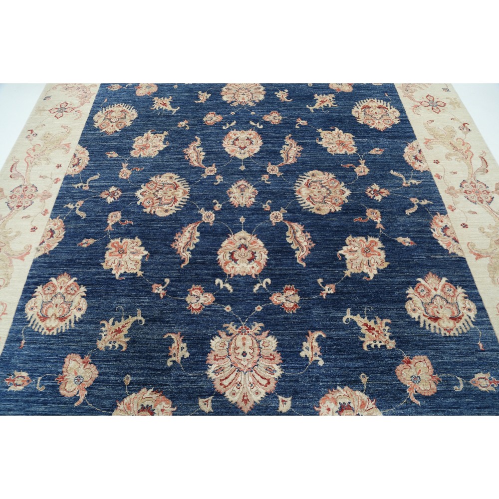 Hand Knotted Square Oushak Wool Area Rug | Navy Blue, Beige Carpet Hand Knotted Square Oushak Wool Area Rug | Navy Blue, Beige Carpet