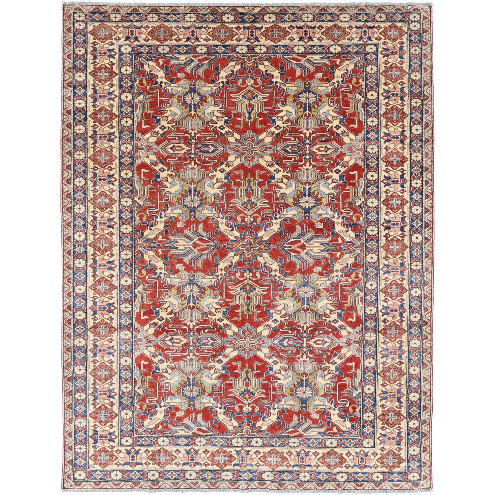 Hand Knotted Tribal Rug, Red Ivory and Blue Wool Area Rug, Geometric Traditional Carpet Hand Knotted Tribal Rug, Red Ivory and Blue Wool Area Rug, Geometric Traditional Carpet
