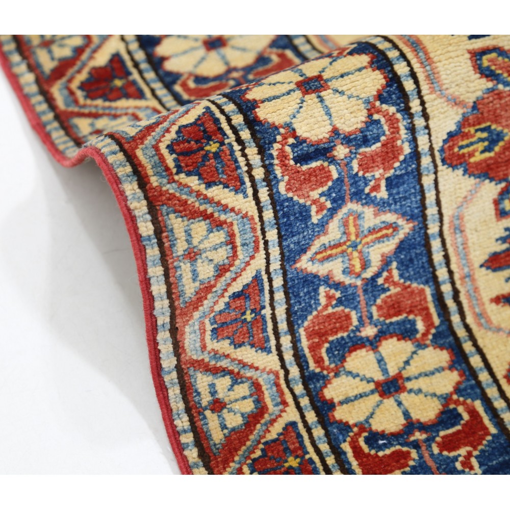 Hand Knotted Tribal Rug, Red Ivory and Blue Wool Area Rug, Geometric Traditional Carpet Hand Knotted Tribal Rug, Red Ivory and Blue Wool Area Rug, Geometric Traditional Carpet