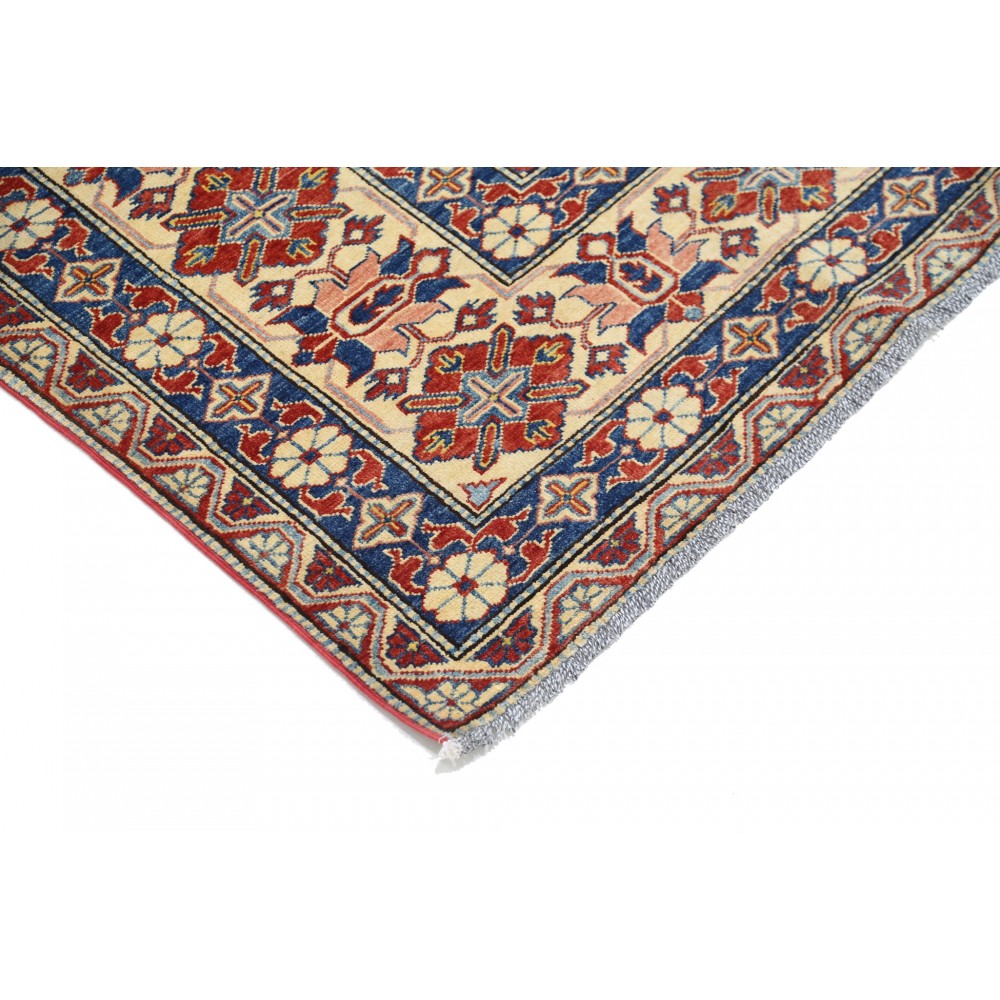 Hand Knotted Tribal Rug, Red Ivory and Blue Wool Area Rug, Geometric Traditional Carpet Hand Knotted Tribal Rug, Red Ivory and Blue Wool Area Rug, Geometric Traditional Carpet