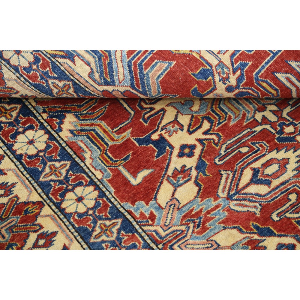 Hand Knotted Tribal Rug, Red Ivory and Blue Wool Area Rug, Geometric Traditional Carpet Hand Knotted Tribal Rug, Red Ivory and Blue Wool Area Rug, Geometric Traditional Carpet