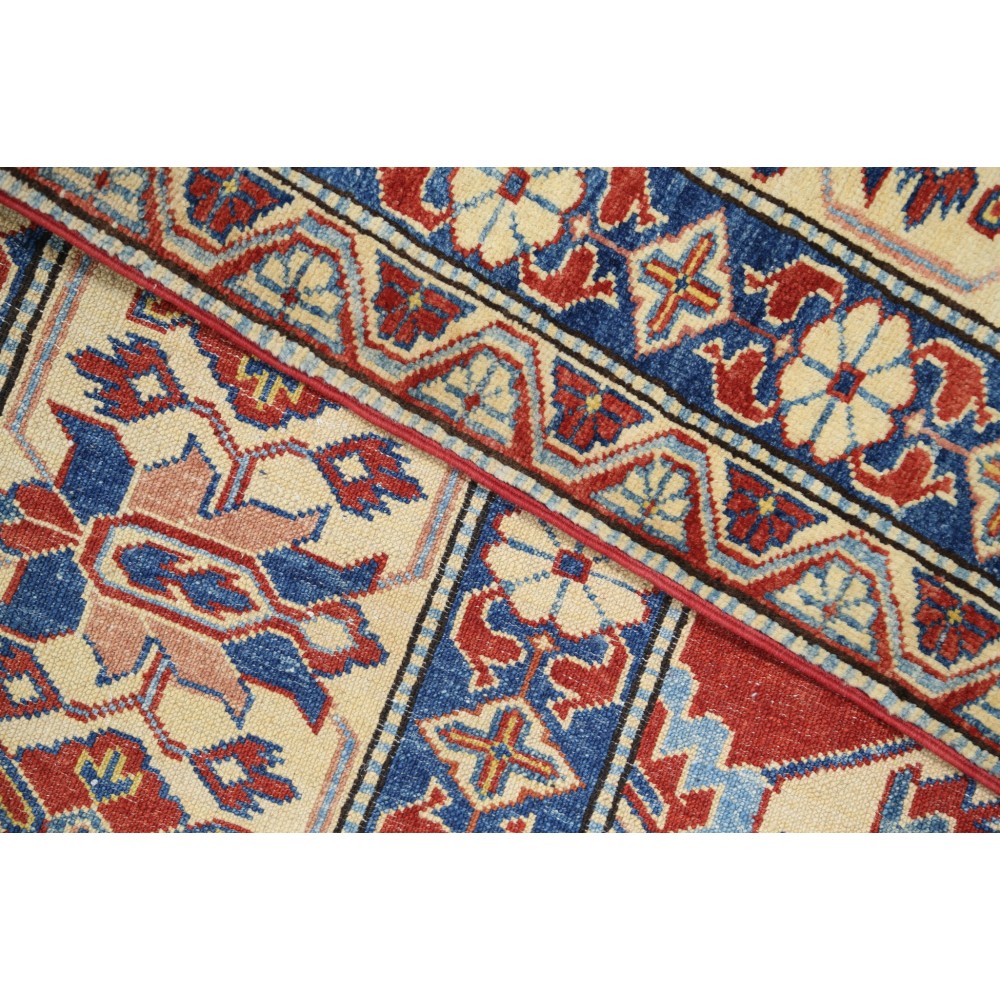Hand Knotted Tribal Rug, Red Ivory and Blue Wool Area Rug, Geometric Traditional Carpet Hand Knotted Tribal Rug, Red Ivory and Blue Wool Area Rug, Geometric Traditional Carpet