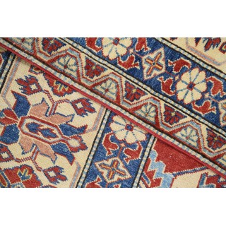 Hand Knotted Tribal Rug, Red Ivory and Blue Wool Area Rug, Geometric Traditional Carpet