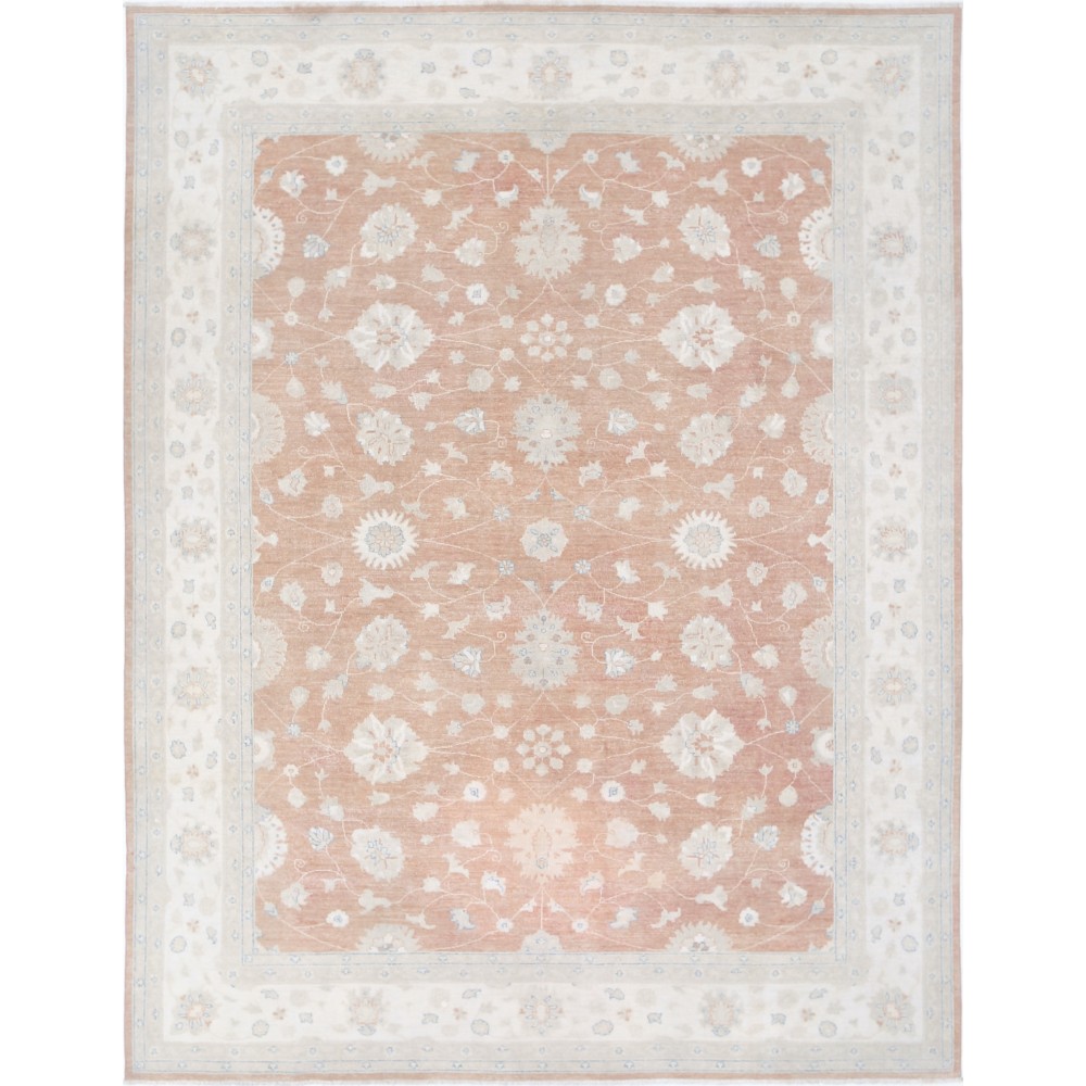 Hand Knotted Floral Oushak Area Rug with Soft Red Field and Beige Border | 100% Wool Hand Knotted Floral Oushak Area Rug with Soft Red Field and Beige Border | 100% Wool