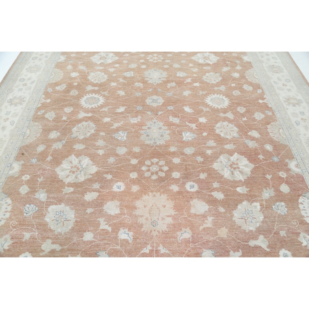 Hand Knotted Floral Oushak Area Rug with Soft Red Field and Beige Border | 100% Wool Hand Knotted Floral Oushak Area Rug with Soft Red Field and Beige Border | 100% Wool