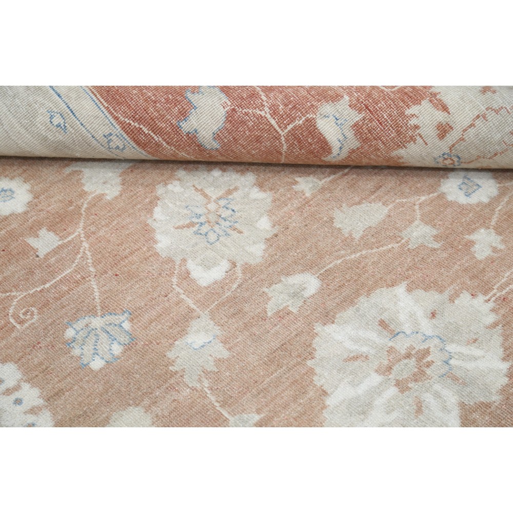 Hand Knotted Floral Oushak Area Rug with Soft Red Field and Beige Border | 100% Wool Hand Knotted Floral Oushak Area Rug with Soft Red Field and Beige Border | 100% Wool