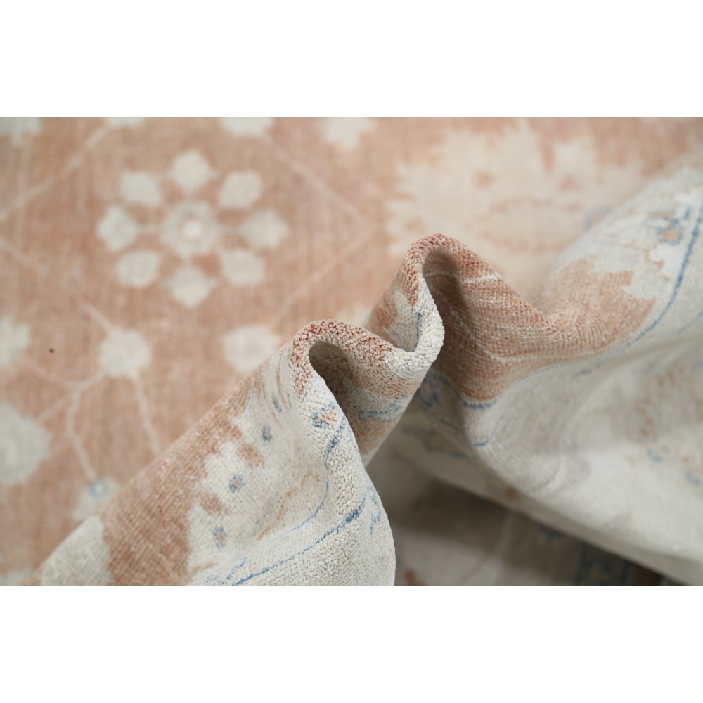 Hand Knotted Floral Oushak Area Rug with Soft Red Field and Beige Border | 100% Wool Hand Knotted Floral Oushak Area Rug with Soft Red Field and Beige Border | 100% Wool