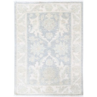 Hand Knotted Ivory, Light Blue Wool Area Rug | Traditional Turkish Floral Motif Accent Rug