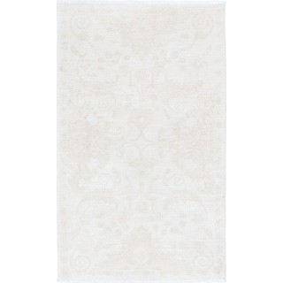 Hand Knotted Beige Turkish Wool Accent Rug with All-Over Floral Design