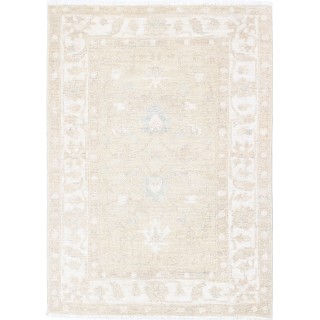Hand Knotted Beige Turkish Wool Accent Rug with All-Over Floral Design