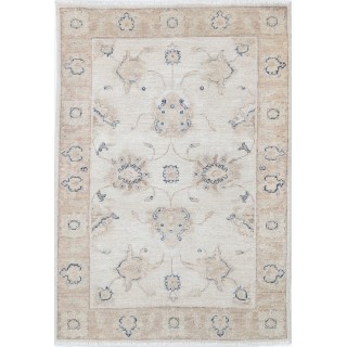 Hand Knotted Oushak Rug | Beige Turkish Accent Rug with All-Over Floral Design | 100% Wool