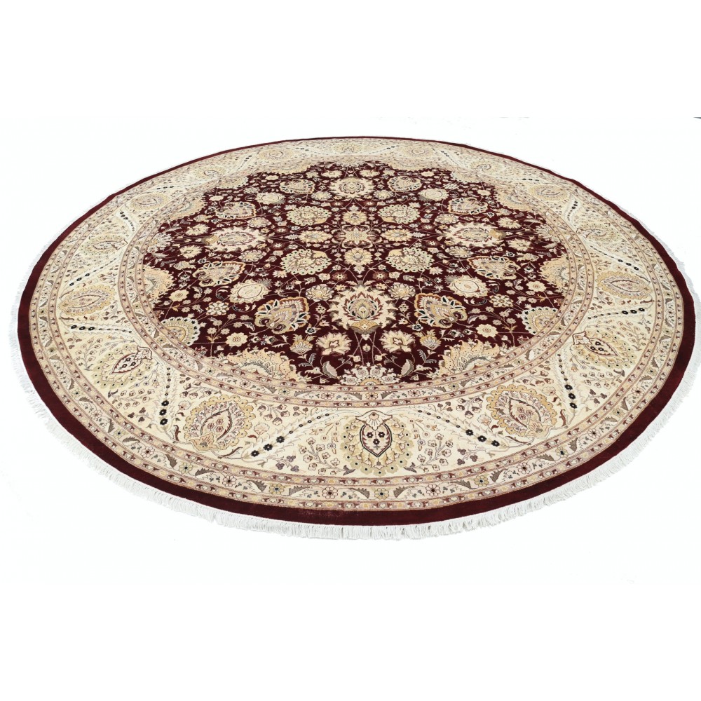 Hand Knotted Tribal Round Rug with Floral Design | 100% Wool Red Circle Oversize Carpet for Home Decor