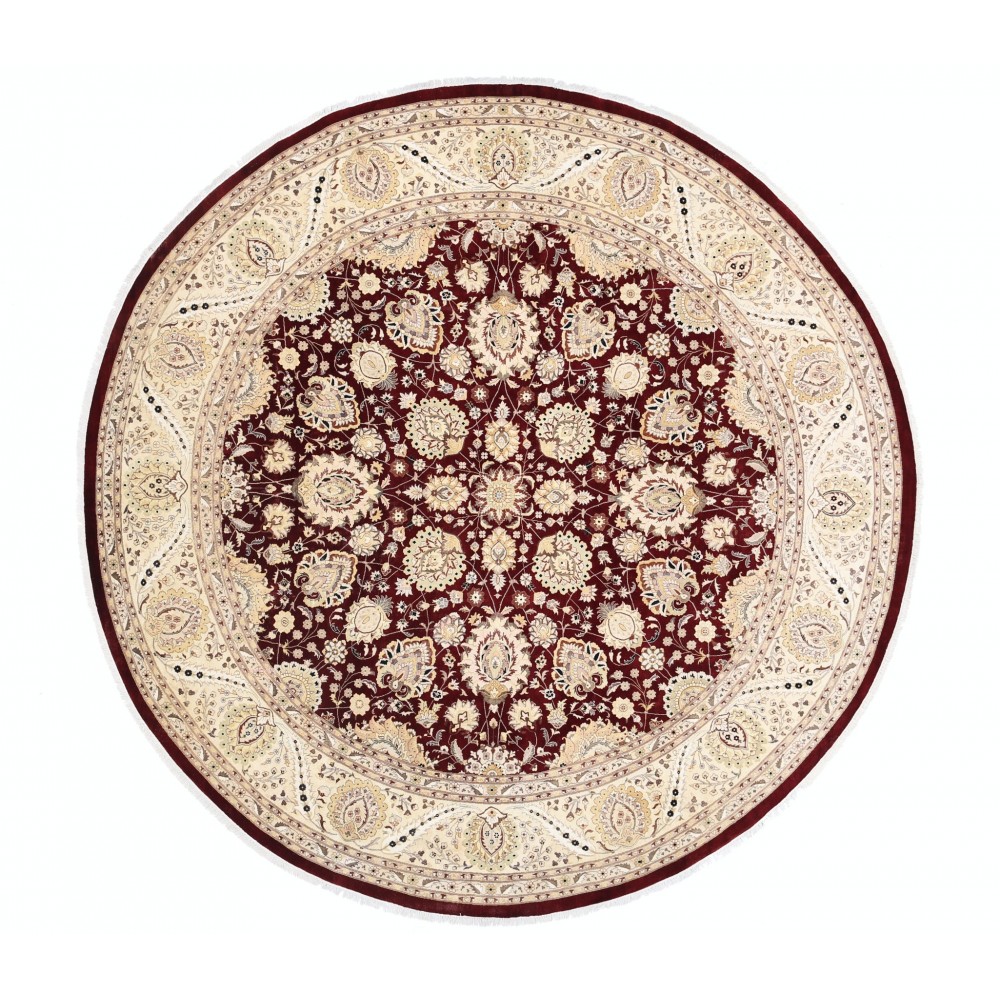 Hand Knotted Tribal Round Rug with Floral Design | 100% Wool Red Circle Oversize Carpet for Home Decor
