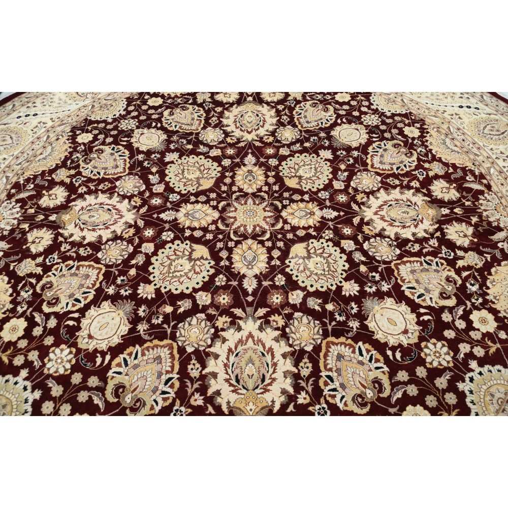 Hand Knotted Tribal Round Rug with Floral Design | 100% Wool Red Circle Oversize Carpet for Home Decor