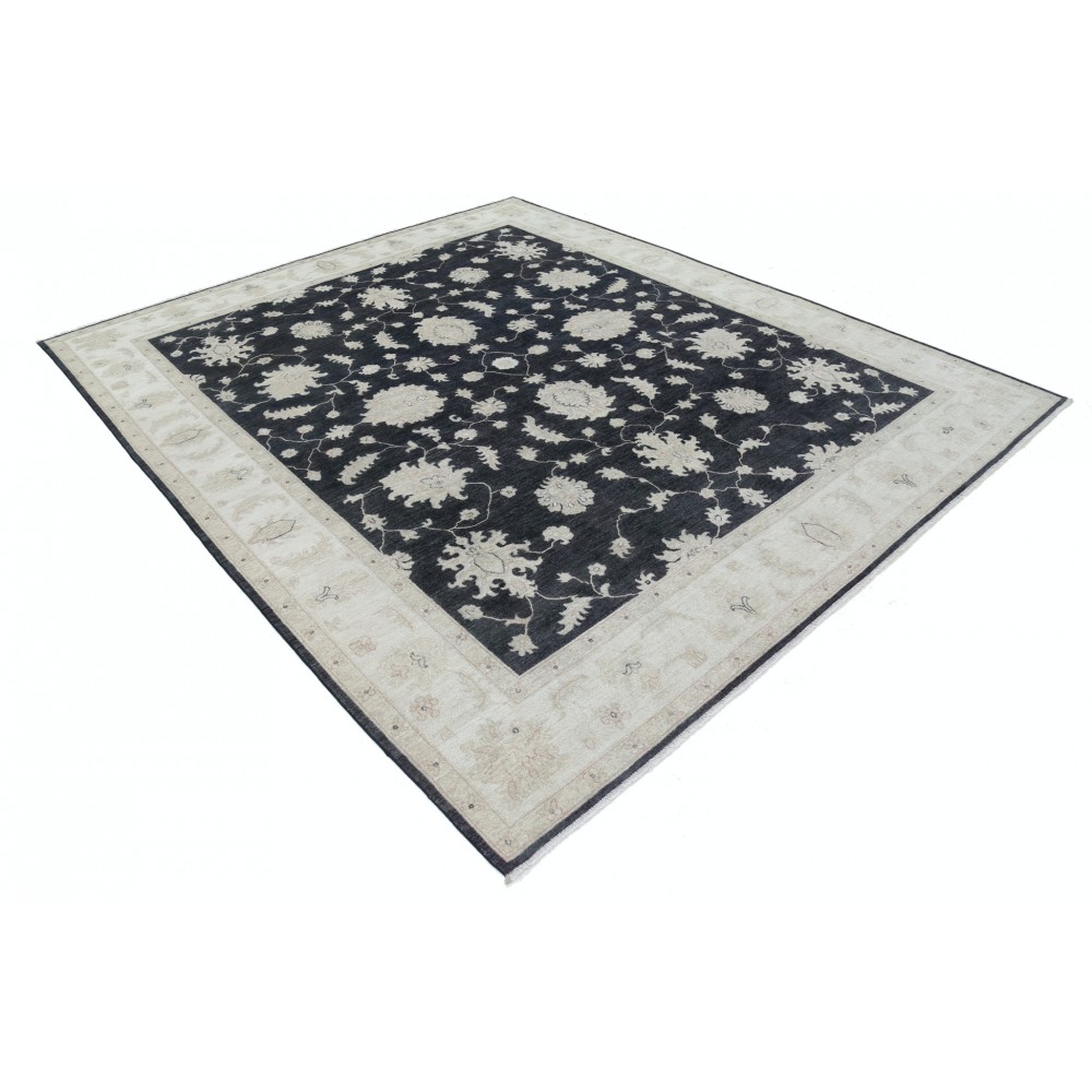 Hand Knotted Floral Area Rug with Black Field and Beige Border | Traditional Oushak Wool Carpet Hand Knotted Floral Area Rug with Black Field and Beige Border | Traditional Oushak Wool Carpet