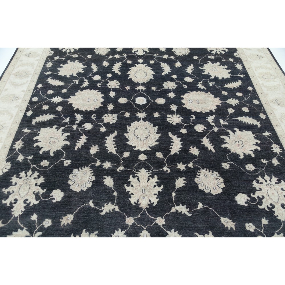 Hand Knotted Floral Area Rug with Black Field and Beige Border | Traditional Oushak Wool Carpet Hand Knotted Floral Area Rug with Black Field and Beige Border | Traditional Oushak Wool Carpet