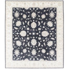 Hand Knotted Floral Area Rug with Black Field and Beige Border | Traditional Oushak Wool Carpet