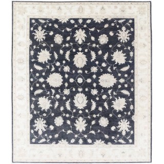 Hand Knotted Floral Area Rug with Black Field and Beige Border | Traditional Oushak Wool Carpet