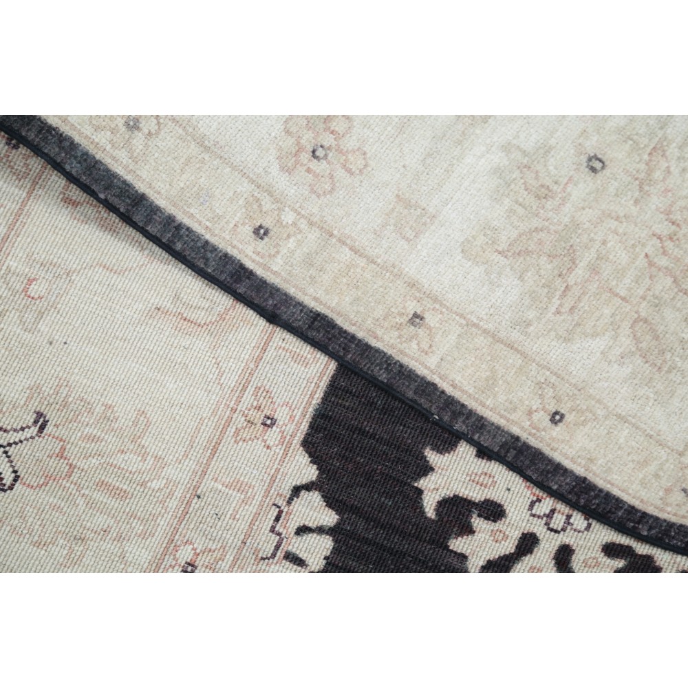 Hand Knotted Floral Area Rug with Black Field and Beige Border | Traditional Oushak Wool Carpet Hand Knotted Floral Area Rug with Black Field and Beige Border | Traditional Oushak Wool Carpet