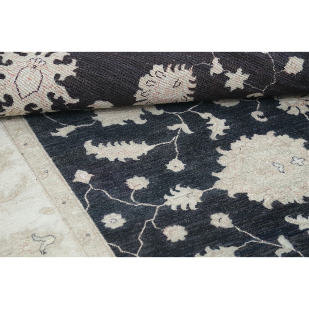 Hand Knotted Floral Area Rug with Black Field and Beige Border | Traditional Oushak Wool Carpet Hand Knotted Floral Area Rug with Black Field and Beige Border | Traditional Oushak Wool Carpet