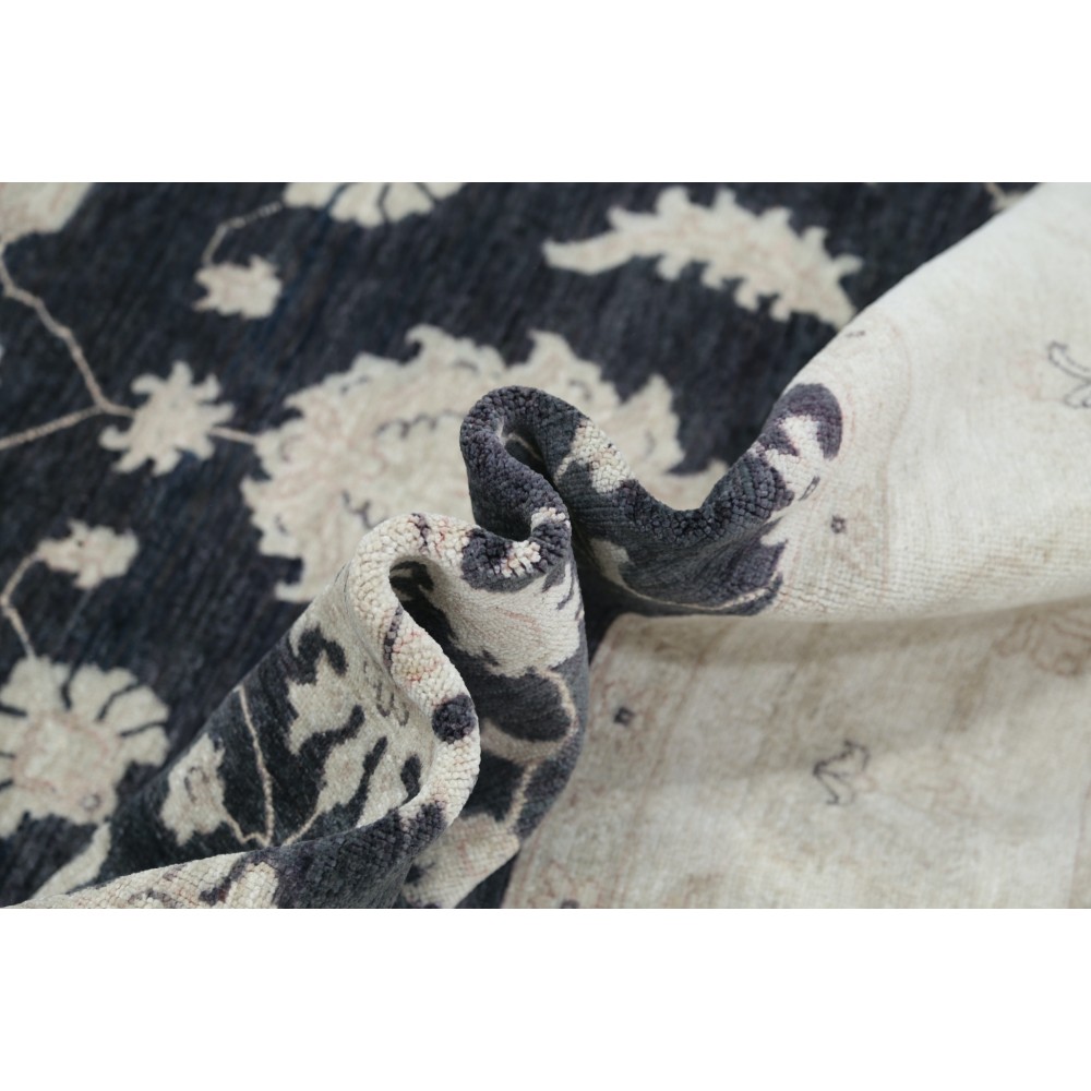Hand Knotted Floral Area Rug with Black Field and Beige Border | Traditional Oushak Wool Carpet Hand Knotted Floral Area Rug with Black Field and Beige Border | Traditional Oushak Wool Carpet