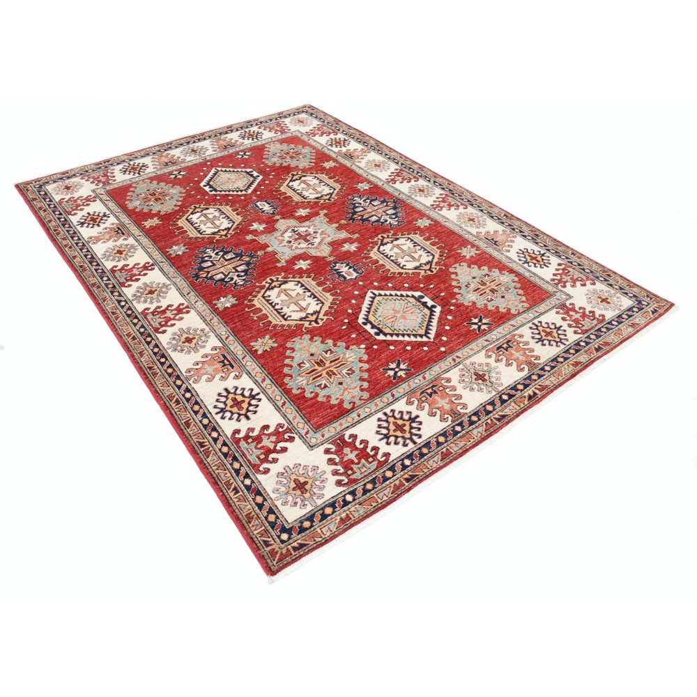 Hand Knotted Red, Ivory, Navy Blue Wool Area Rug | Turkish Geometric Design Rug Hand Knotted Red, Ivory, Navy Blue Wool Area Rug | Turkish Geometric Design Rug