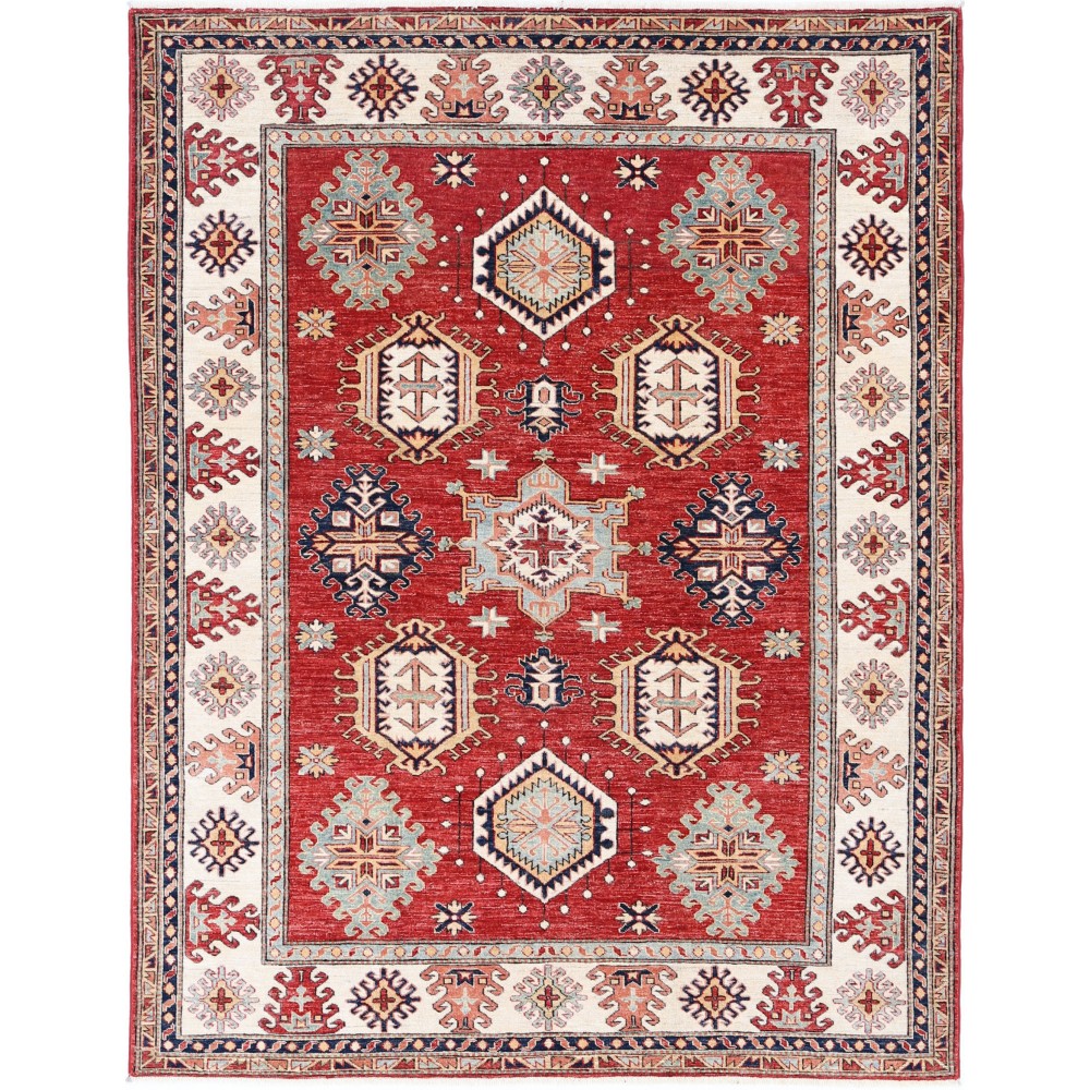 Hand Knotted Red, Ivory, Navy Blue Wool Area Rug | Turkish Geometric Design Rug Hand Knotted Red, Ivory, Navy Blue Wool Area Rug | Turkish Geometric Design Rug